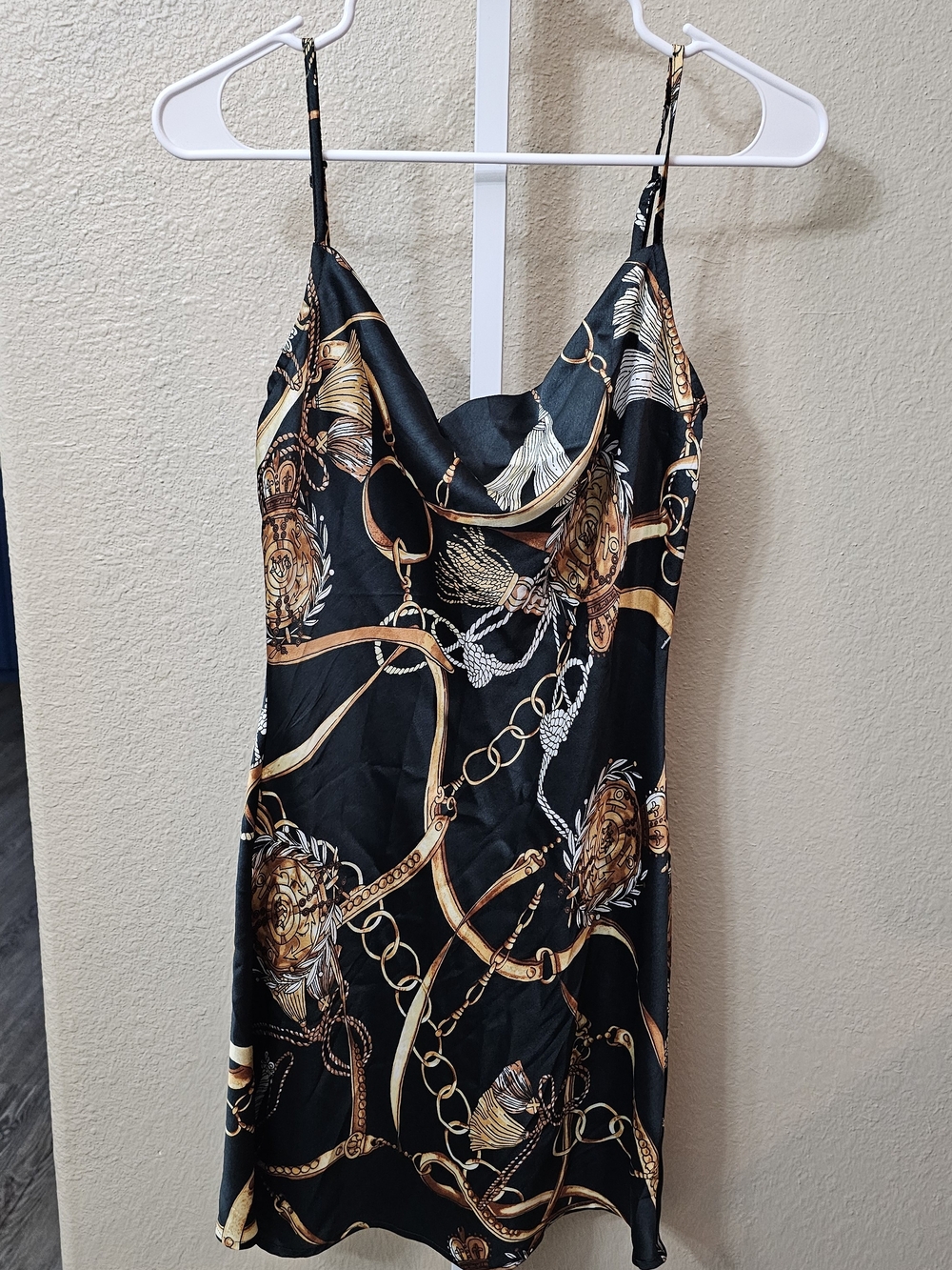 Guess Black Slip Dress with Gold Chain Print XS